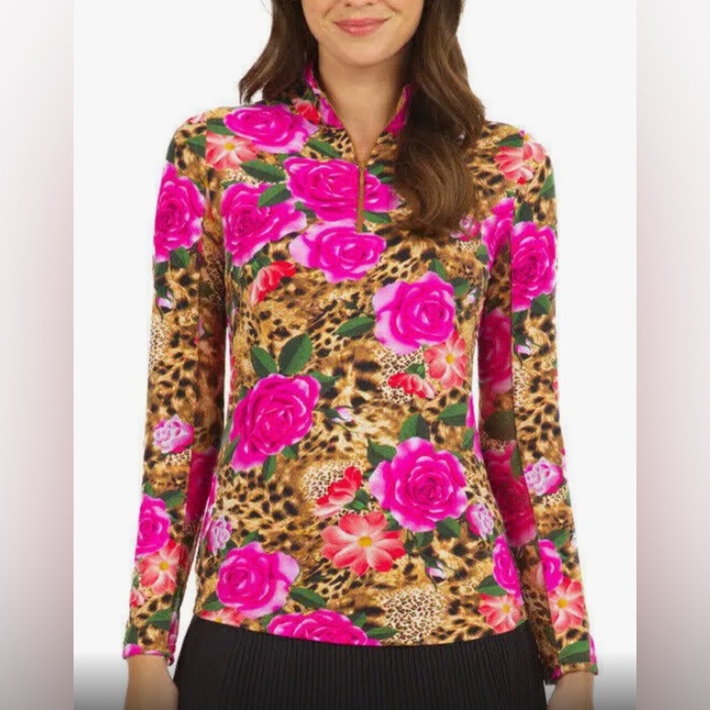 IBKUL LONG SLEEVE ; 1/4 ZIP MOCK JOVANNA TAN/HOT PINK SPF 50